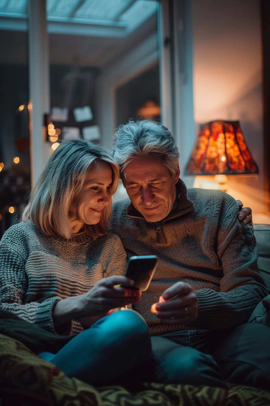 American couple comparing BNPL providers on smartphone at home