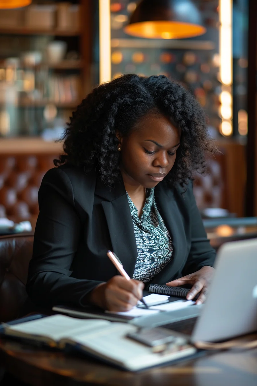 African-American businesswoman writing loan calculations in notebook beside laptop