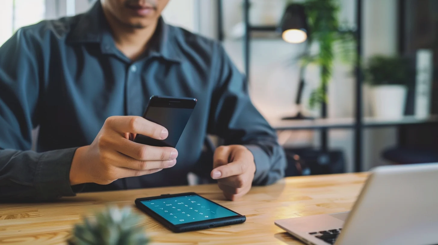 American professional using payment calculator app on smartphone