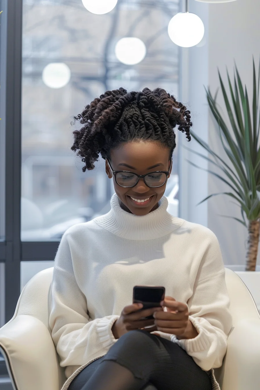 Young African-American woman relaxed in dental waiting room after arranging payment plan