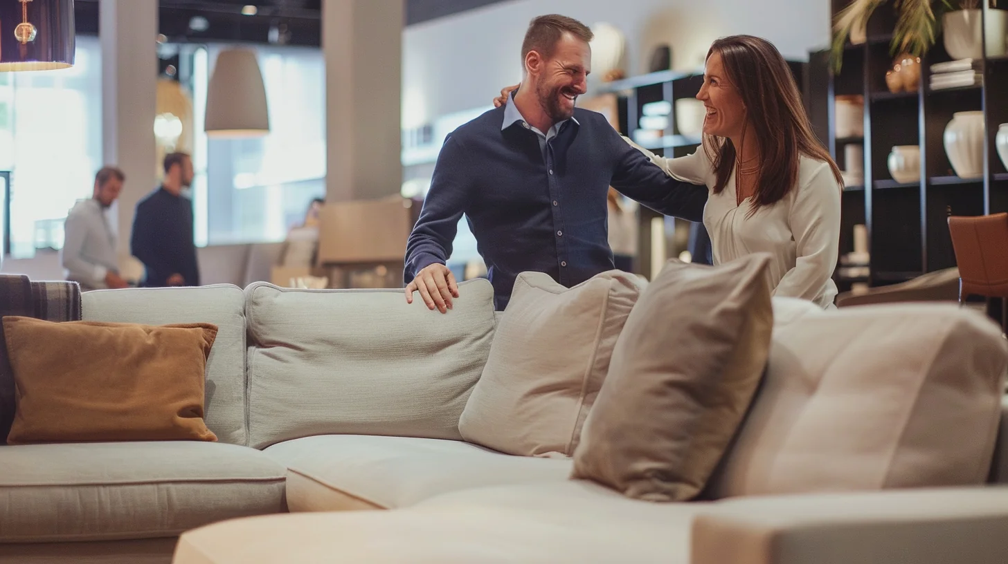 American woman arranging new accent chair in furnished living room