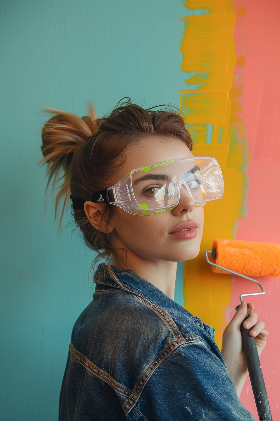 American woman with paint roller proudly beside freshly painted renovation wall