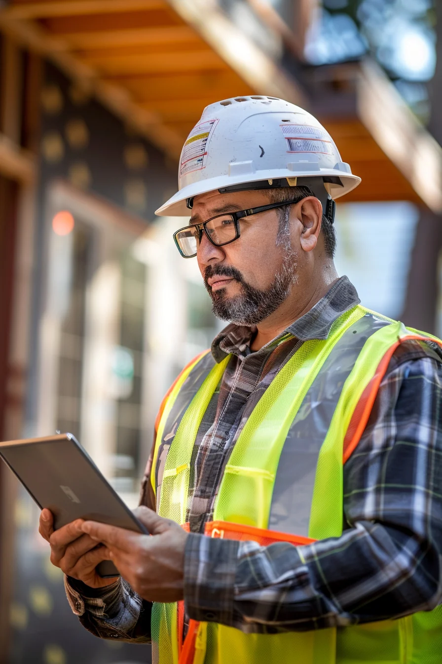 Professional Hispanic contractor reviewing project plans at renovation site